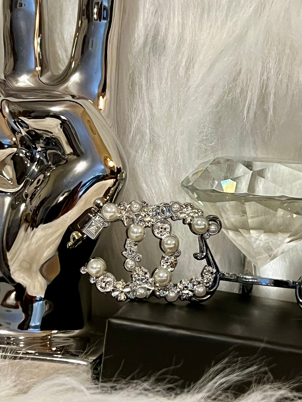 CHANEL Iconic Logo Silver with Pearl & Crystal Accent Brooch Q