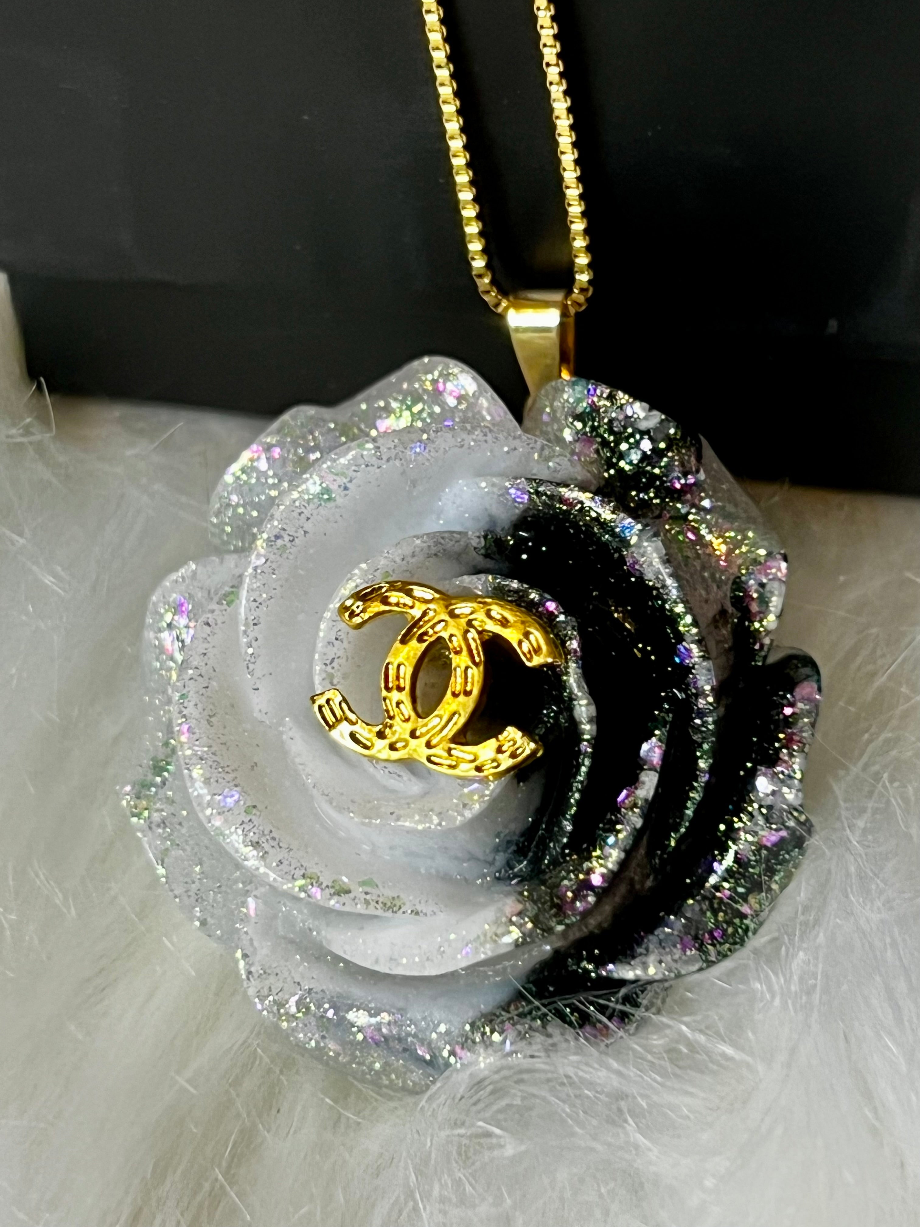 CHANEL Black & Blue with Gold LetteringFlower Pendant Necklace
