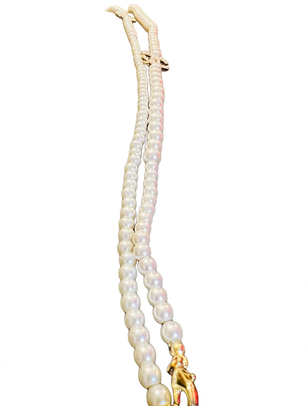 CHANEL Double Strand Pearl Necklace w/ Crystal CC Logos - Graduated Faux Pearls, Gold Tone Extender Chain