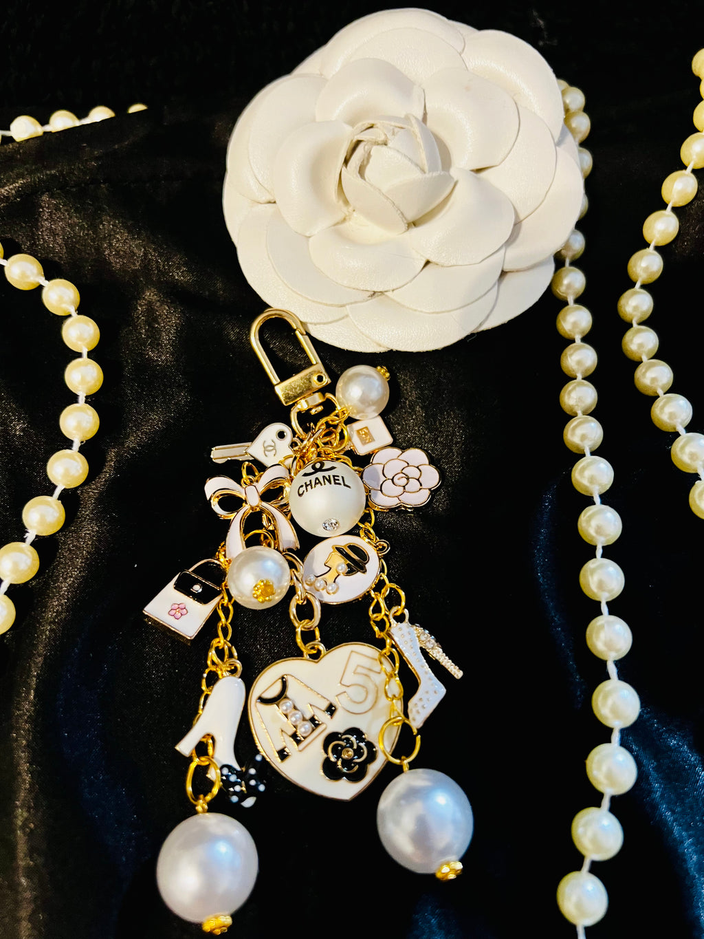Chanel Inspired Pearl Bag Charm Keychain - White, Camellia, Bow, No 5, Coco logo, Gold Tone