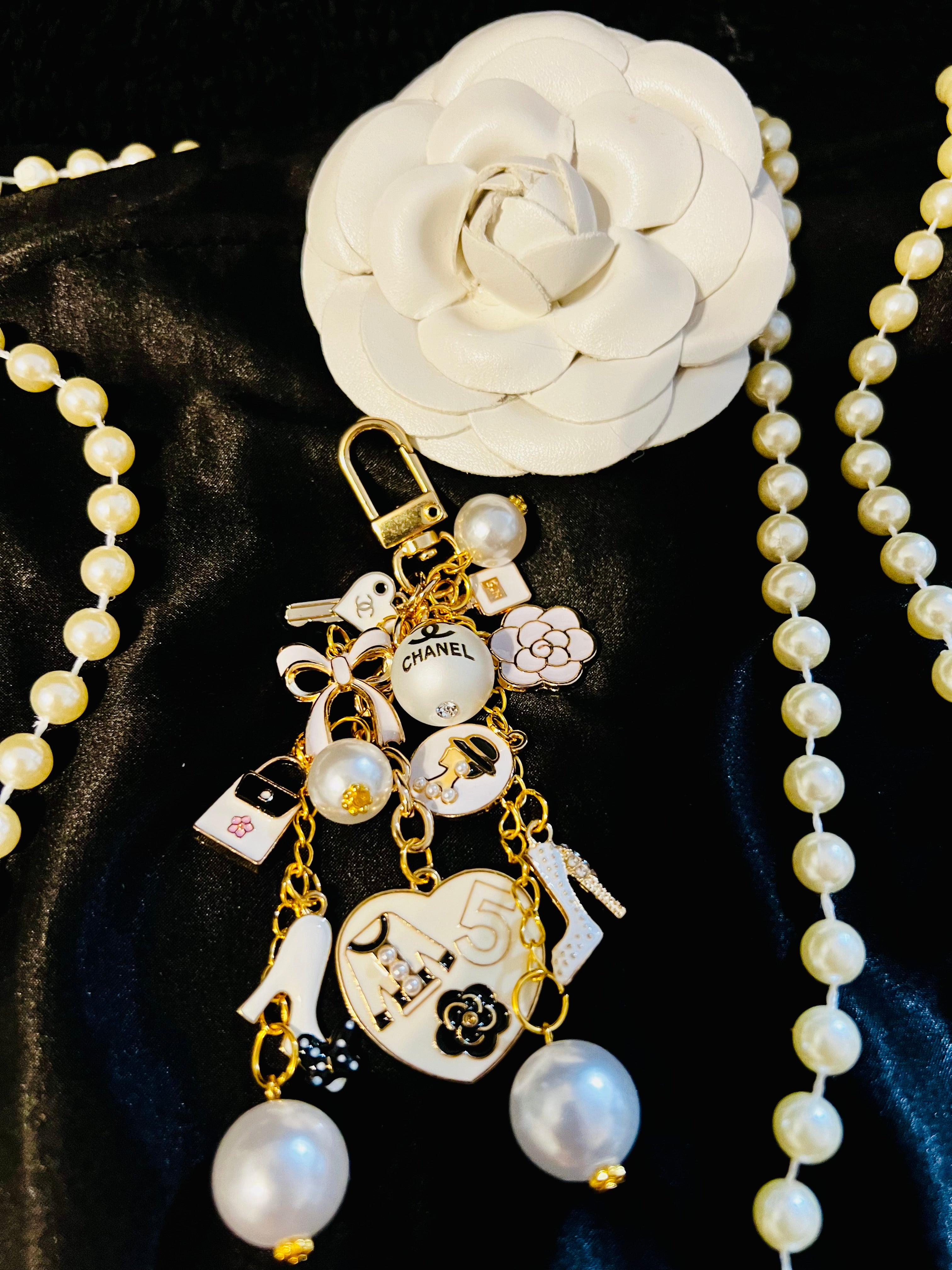 Chanel Inspired Pearl Bag Charm Keychain - White, Camellia, Bow, No 5, Coco logo, Gold Tone