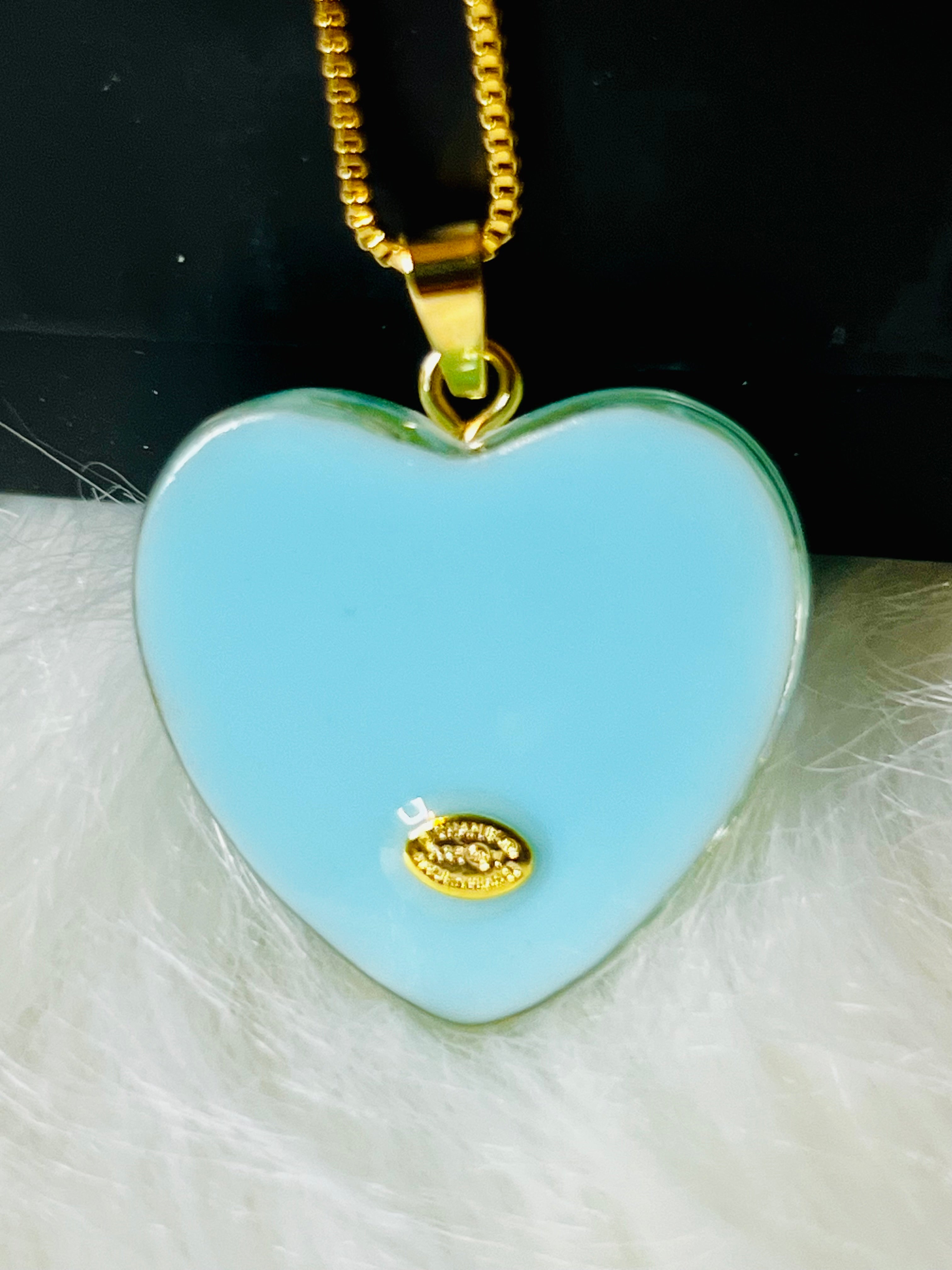 CHANEL Blue Stone with Gold Lettering Heart Pendant Necklace