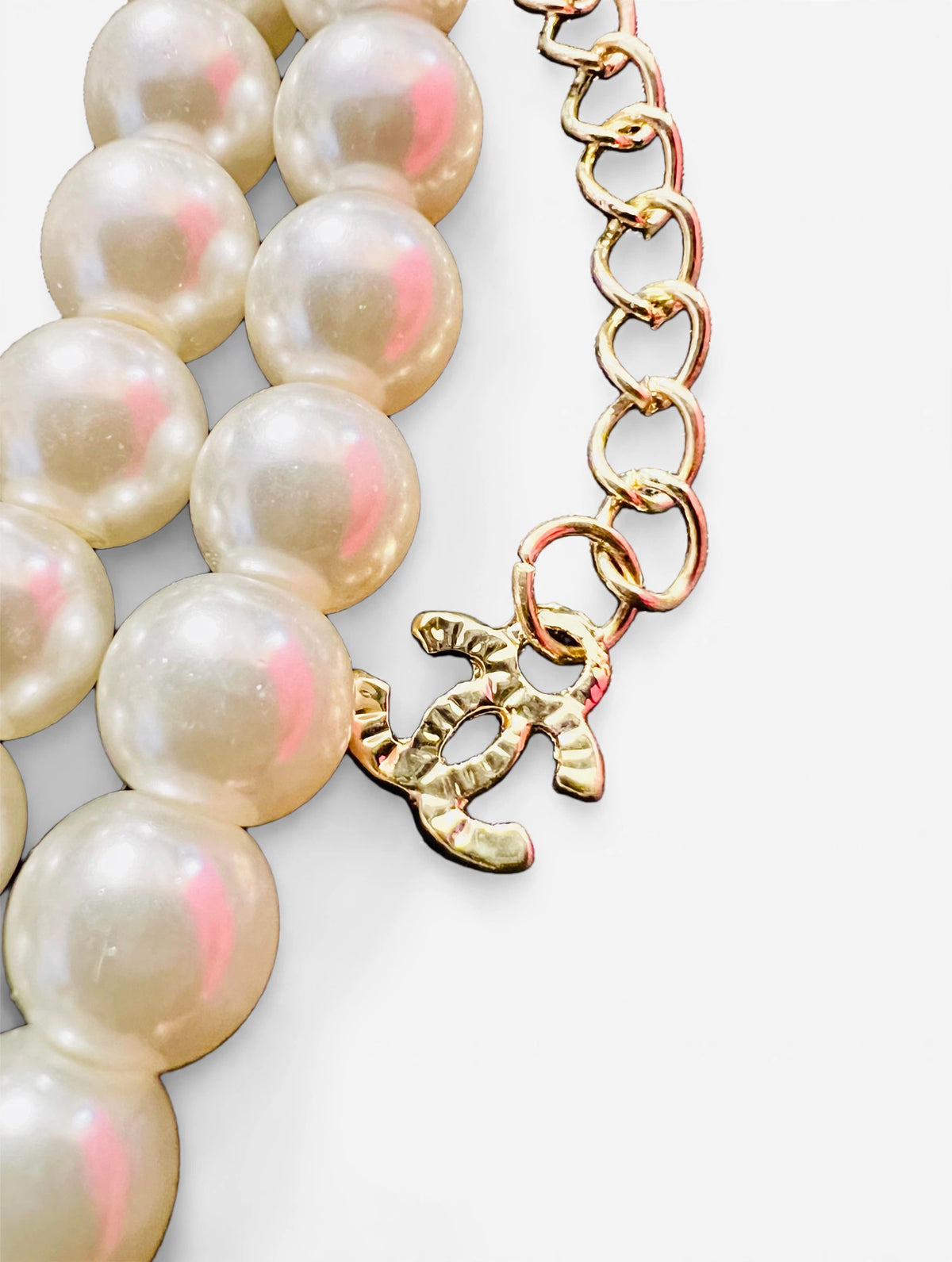 Vintage Chanel Double Strand Faux Pearl Necklace with Crystal Interlocking CC Charms
