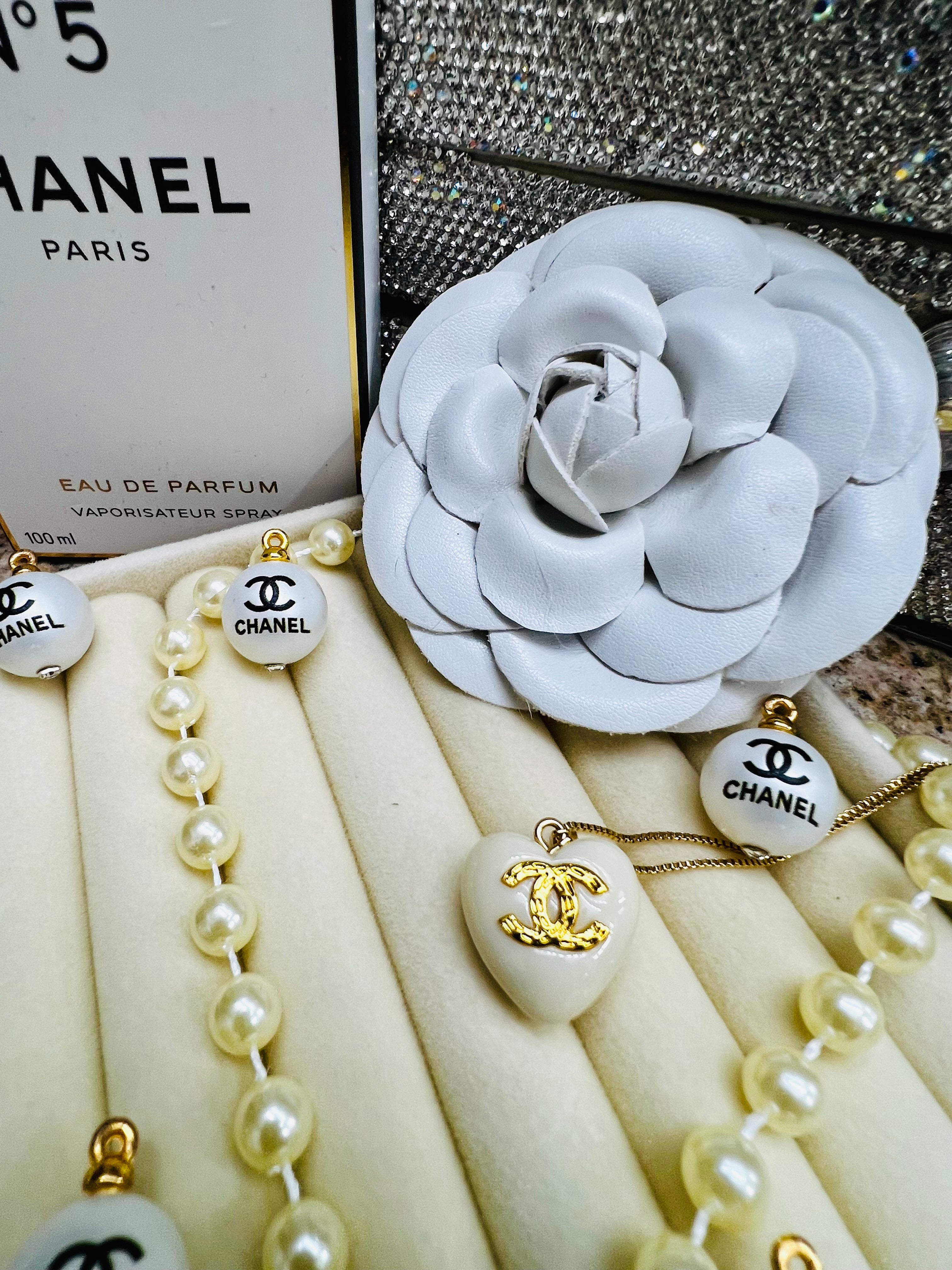 CHANEL White Stone with Gold Lettering Heart Pendant Necklace