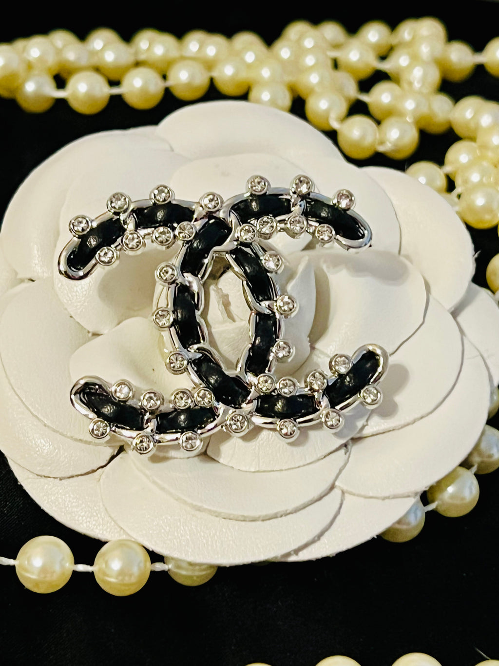 CHANEL Iconic Logo Silver & Black Brooch with Crystal Accents N