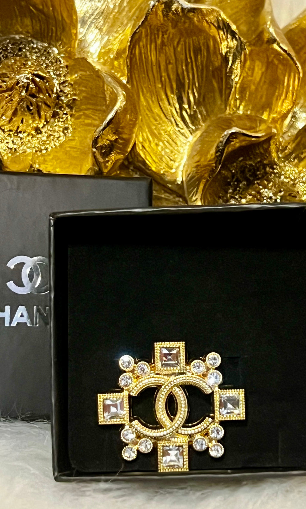 CHANEL Unique Cross Shaped Gold Crystal Brooch S