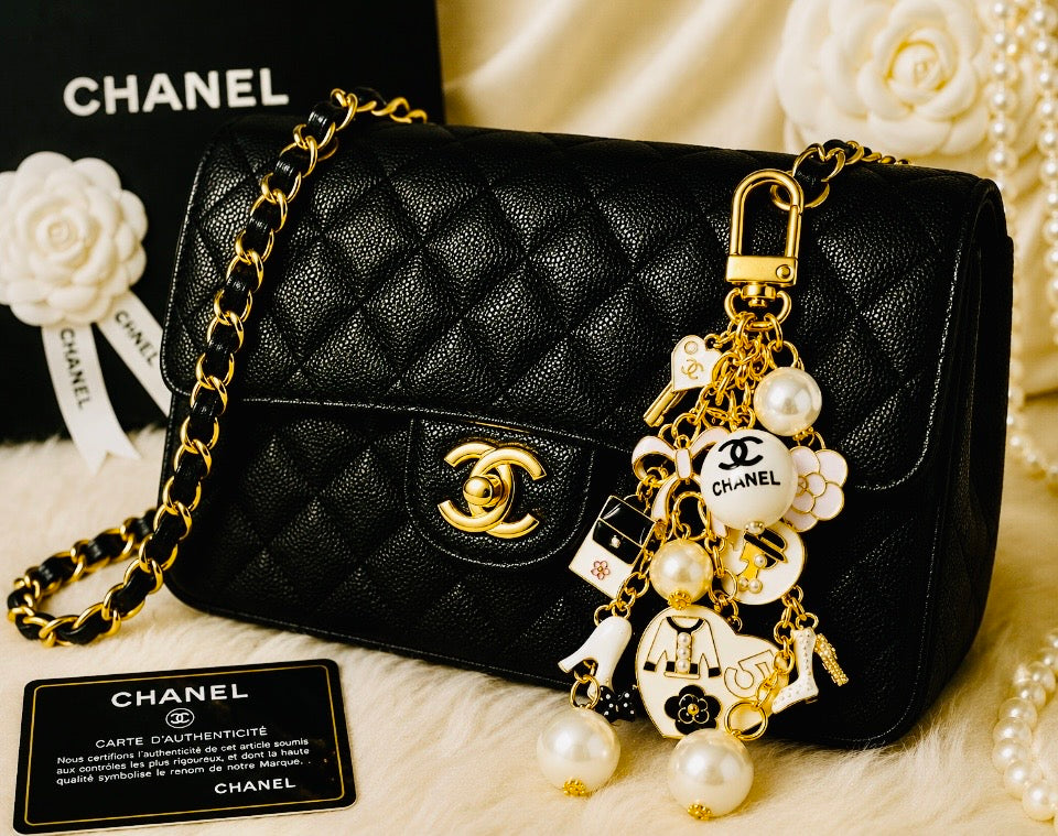 Chanel Inspired Pearl Bag Charm Keychain - White, Camellia, Bow, No 5, Coco logo, Gold Tone