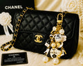 Chanel Inspired Pearl Bag Charm Keychain - White, Camellia, Bow, No 5, Coco logo, Gold Tone