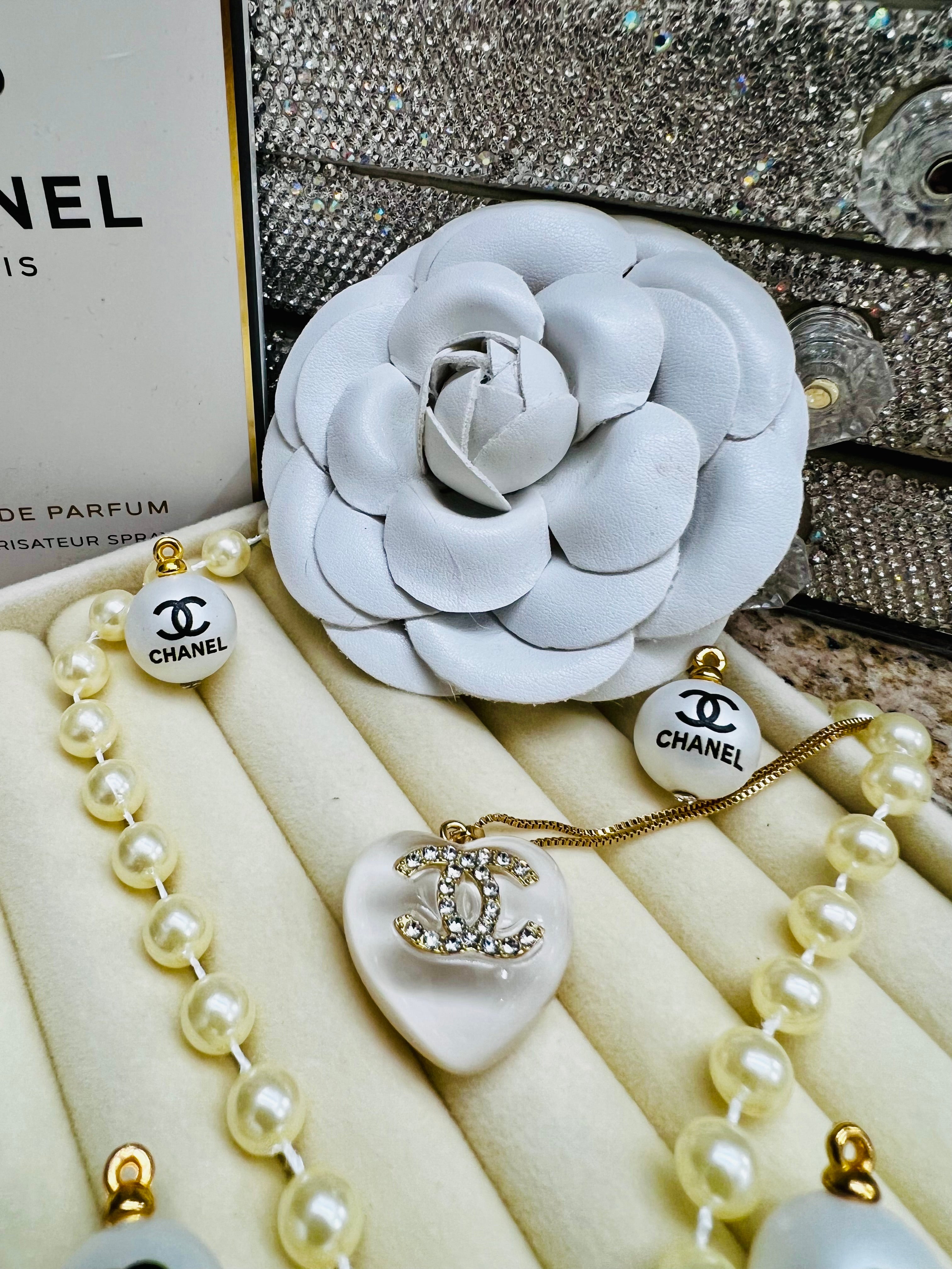 CHANEL White Stone with Gold Lettering Heart Pendant Necklace