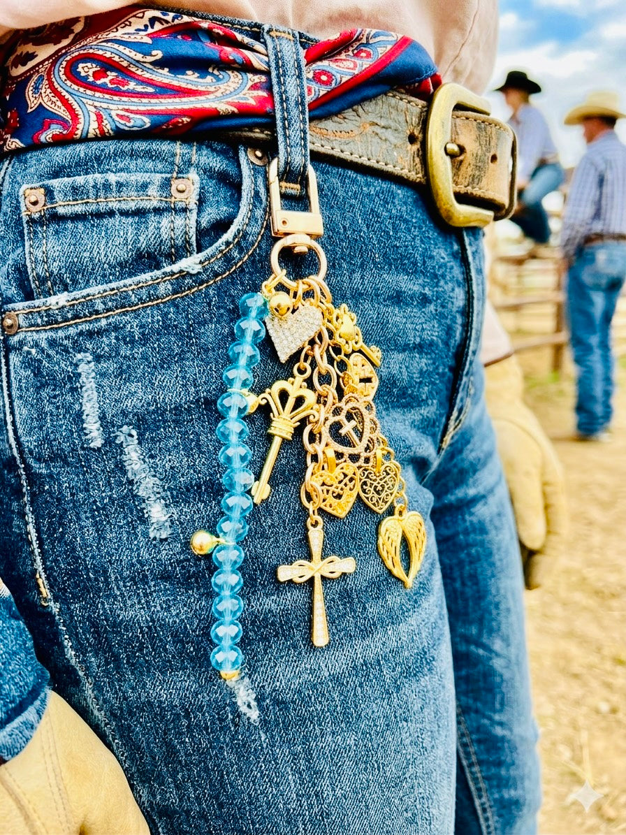 Rhinestone Heart Cross & Key Gold Keychain with Blue Glass & Bell Link