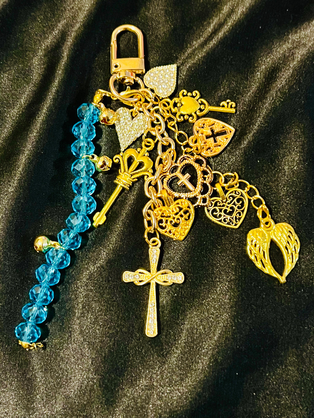 Rhinestone Heart Cross & Key Gold Keychain with Blue Glass & Bell Link