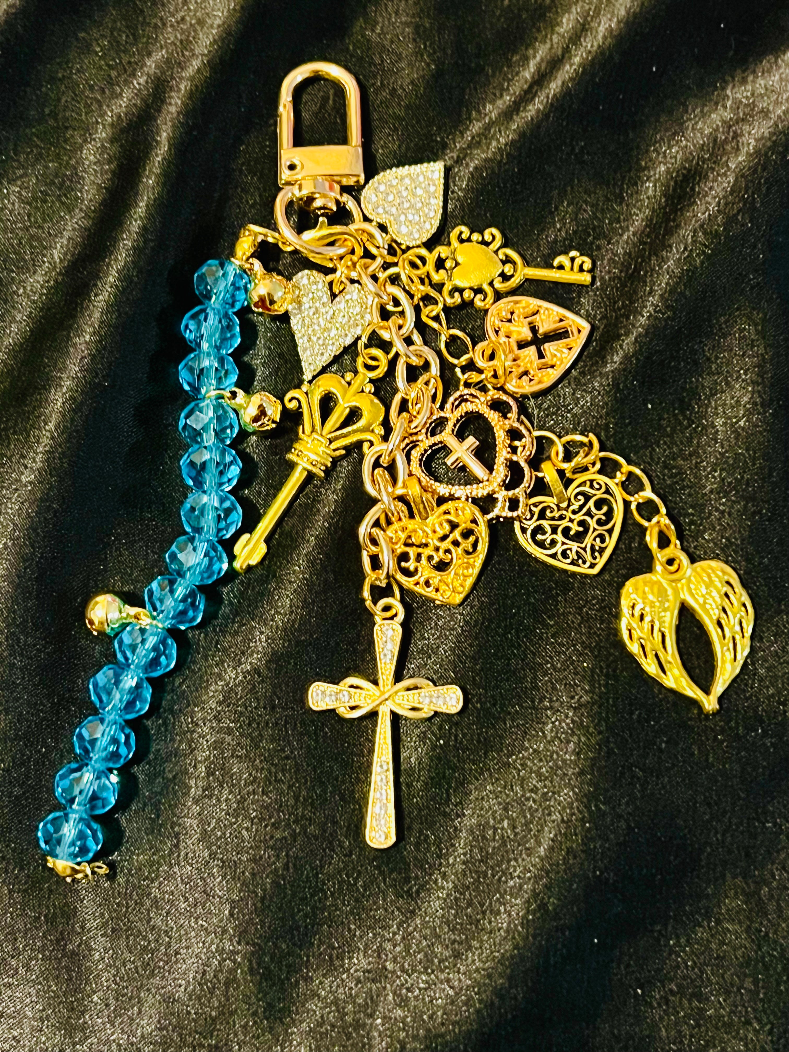 Rhinestone Heart Cross & Key Gold Keychain with Blue Glass & Bell Link