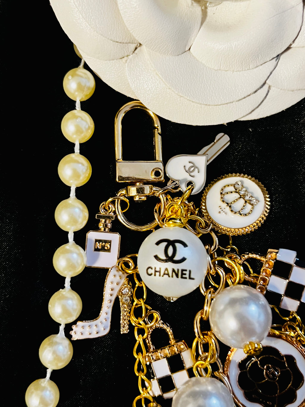 Chanel Inspired Pearl Bag Charm- white Black gold keychain, No 5 Heart, Camellia, High Heel, and Mini Bags
