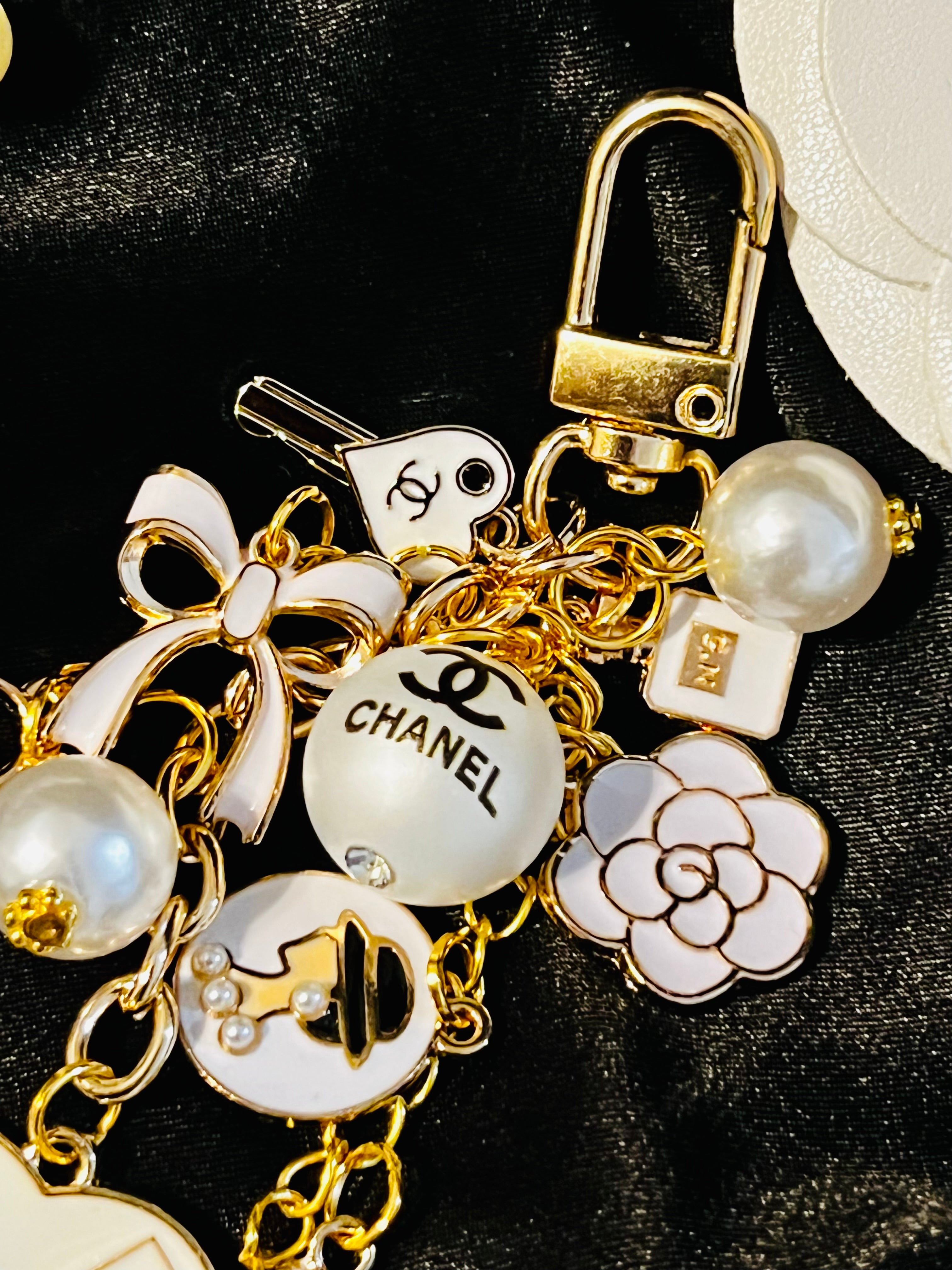 Chanel Inspired Pearl Bag Charm Keychain - White, Camellia, Bow, No 5, Coco logo, Gold Tone