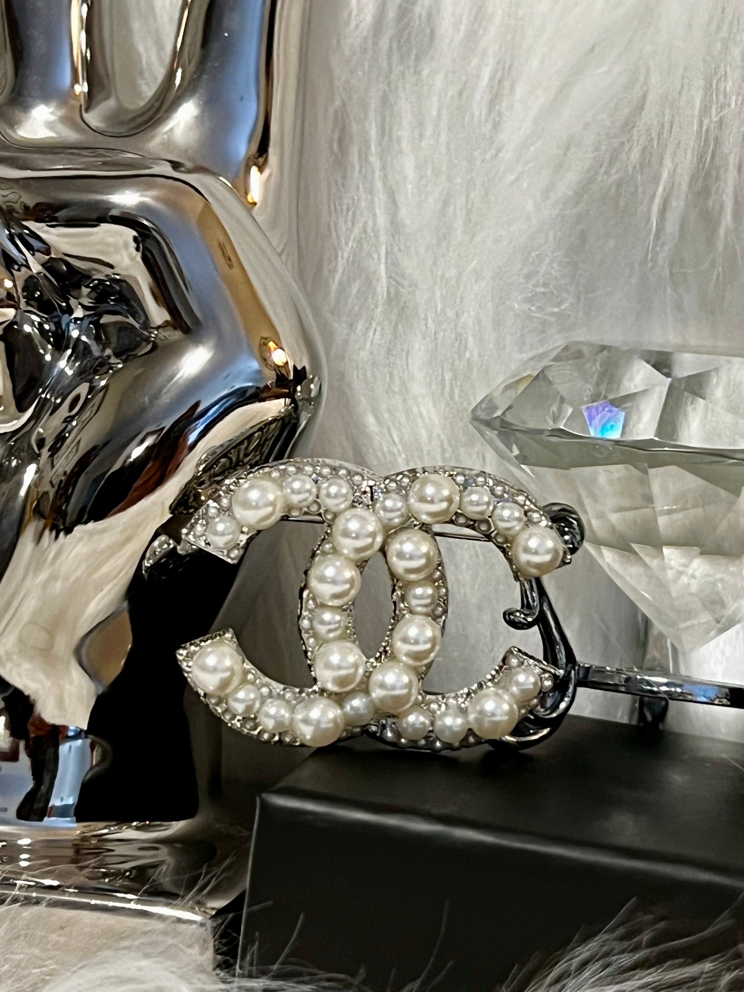 CHANEL Iconic Logo Silver Pearl Brooch with Crystal Accents P