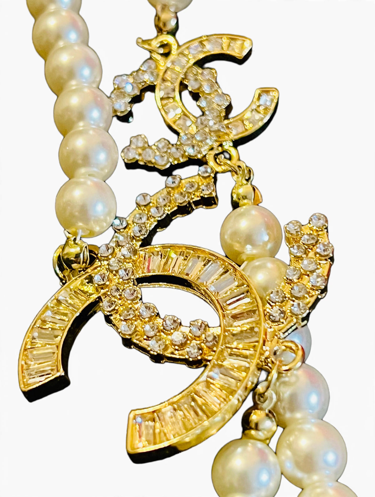 Vintage Chanel Double Strand Faux Pearl Necklace with Crystal Interlocking CC Charms