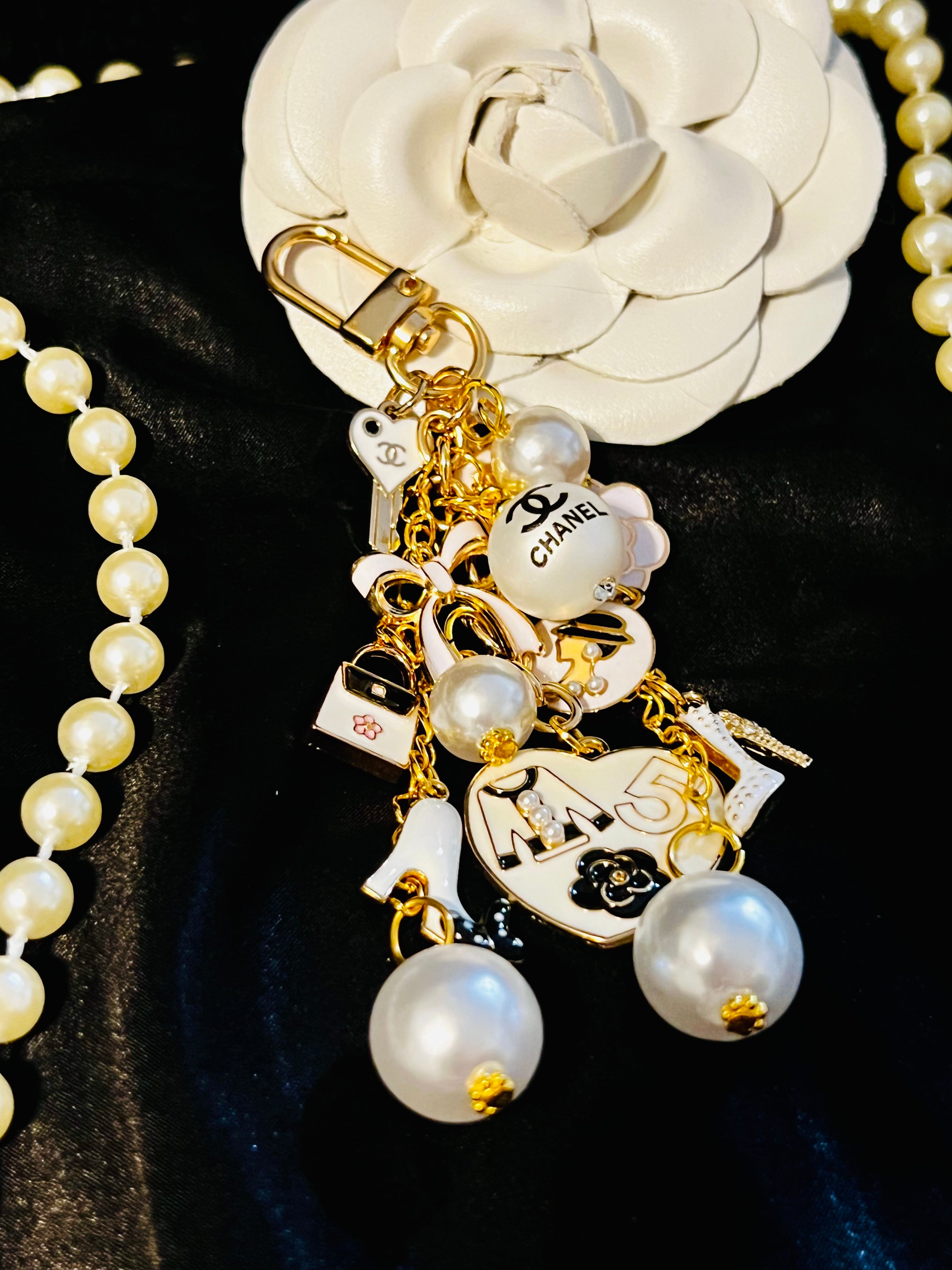 Chanel Inspired Pearl Bag Charm Keychain - White, Camellia, Bow, No 5, Coco logo, Gold Tone