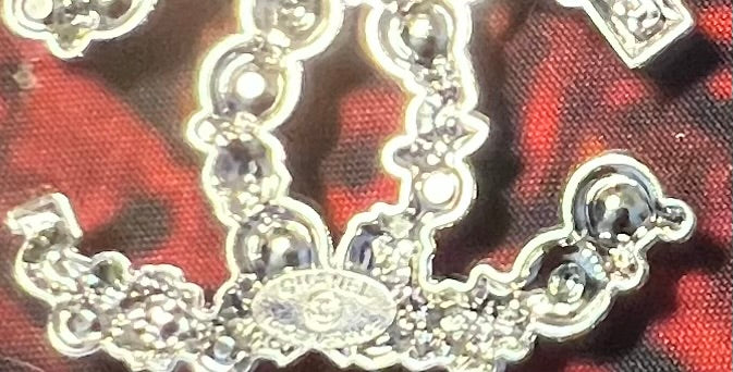 CHANEL Iconic Logo Silver with Pearl & Crystal Accent Brooch Q