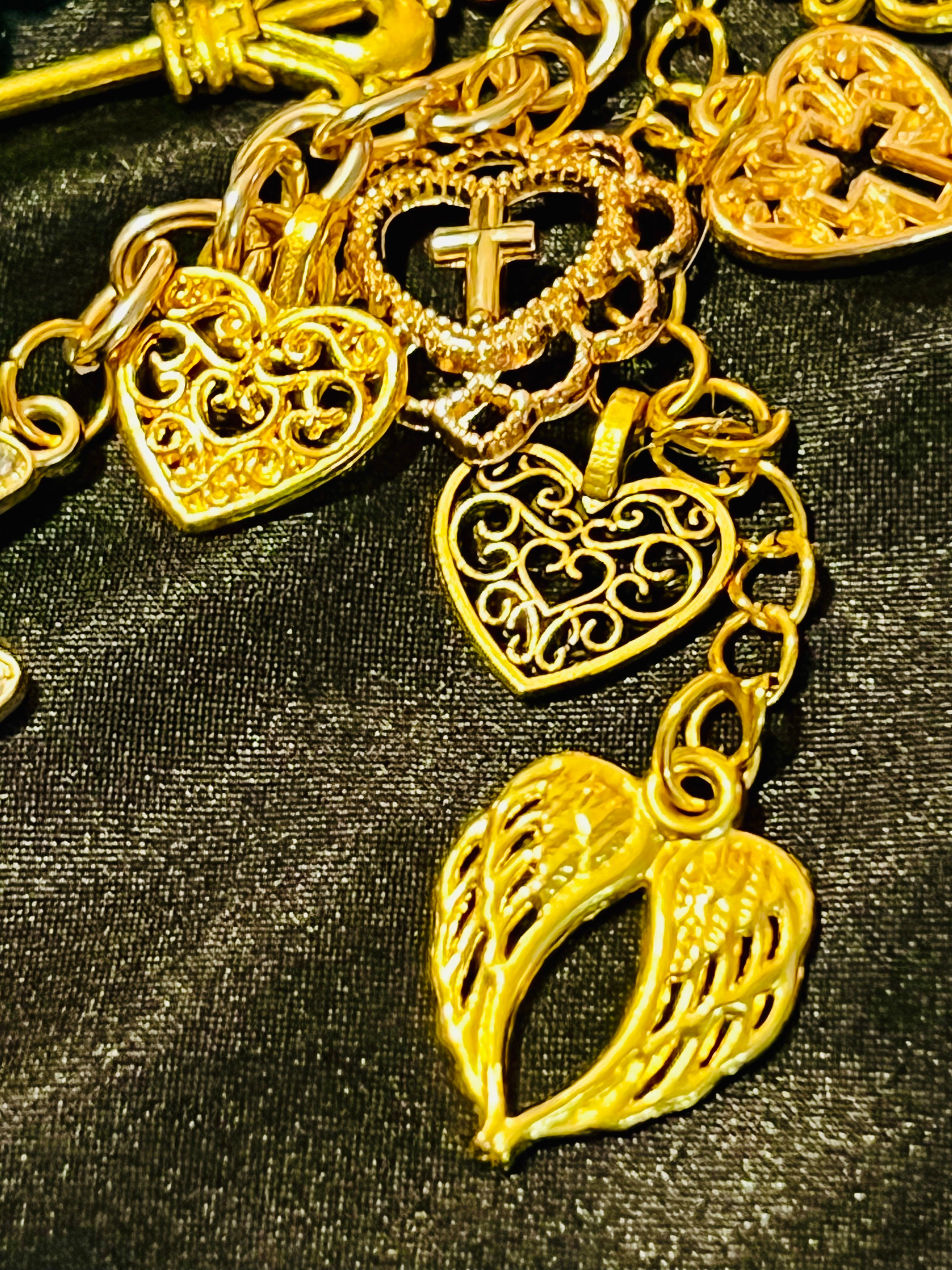 Rhinestone Heart Cross & Key Gold Keychain with Blue Glass & Bell Link