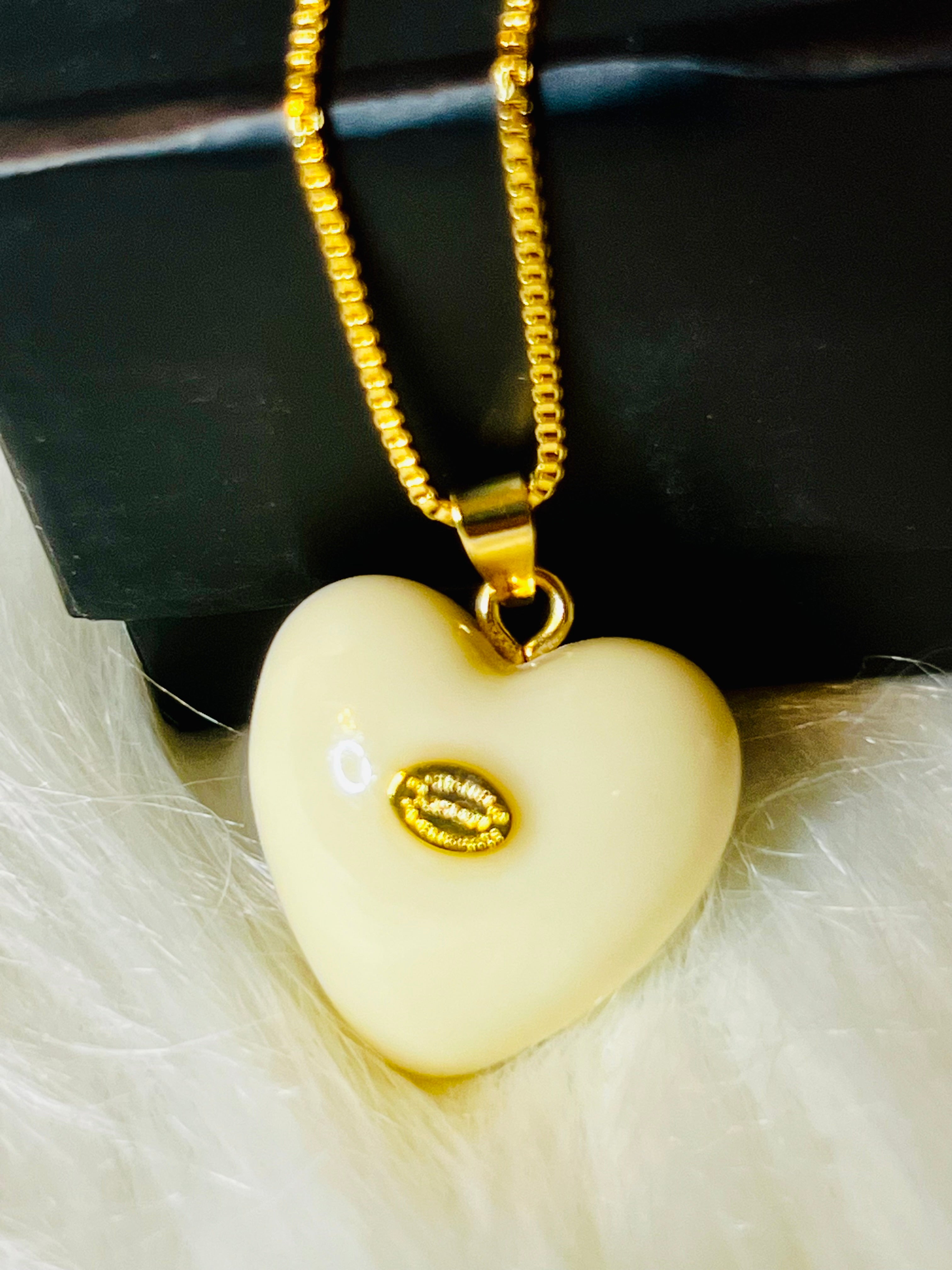 CHANEL White Stone with Gold Lettering Heart Pendant Necklace