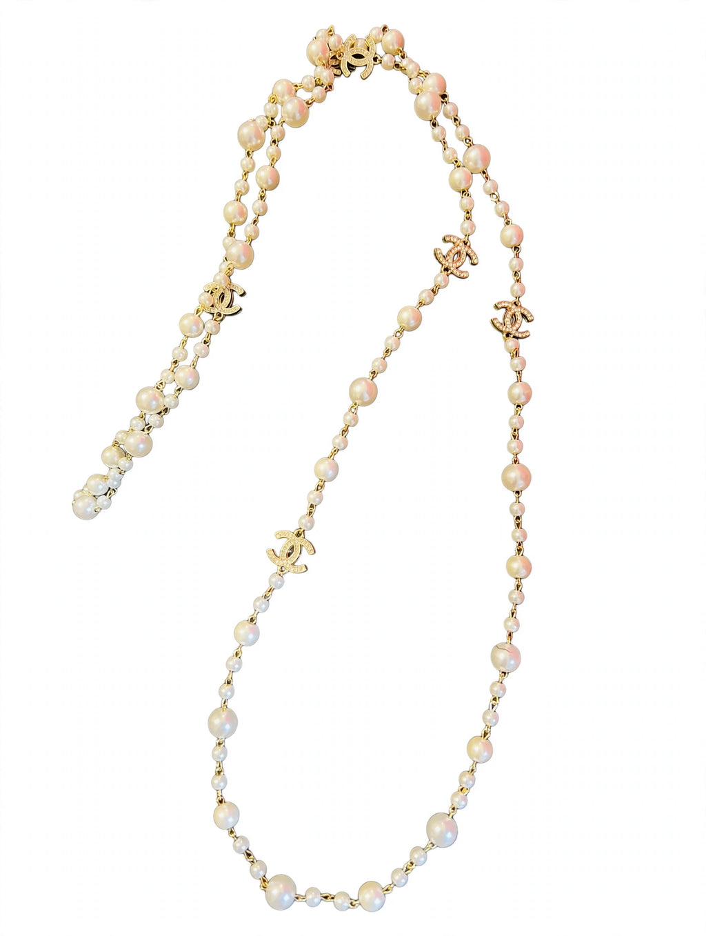 Vintage Chanel Long Pearl Sautoir Necklace - Gold Chain with Graduated Pearls & Crystal CC Charms - 36"