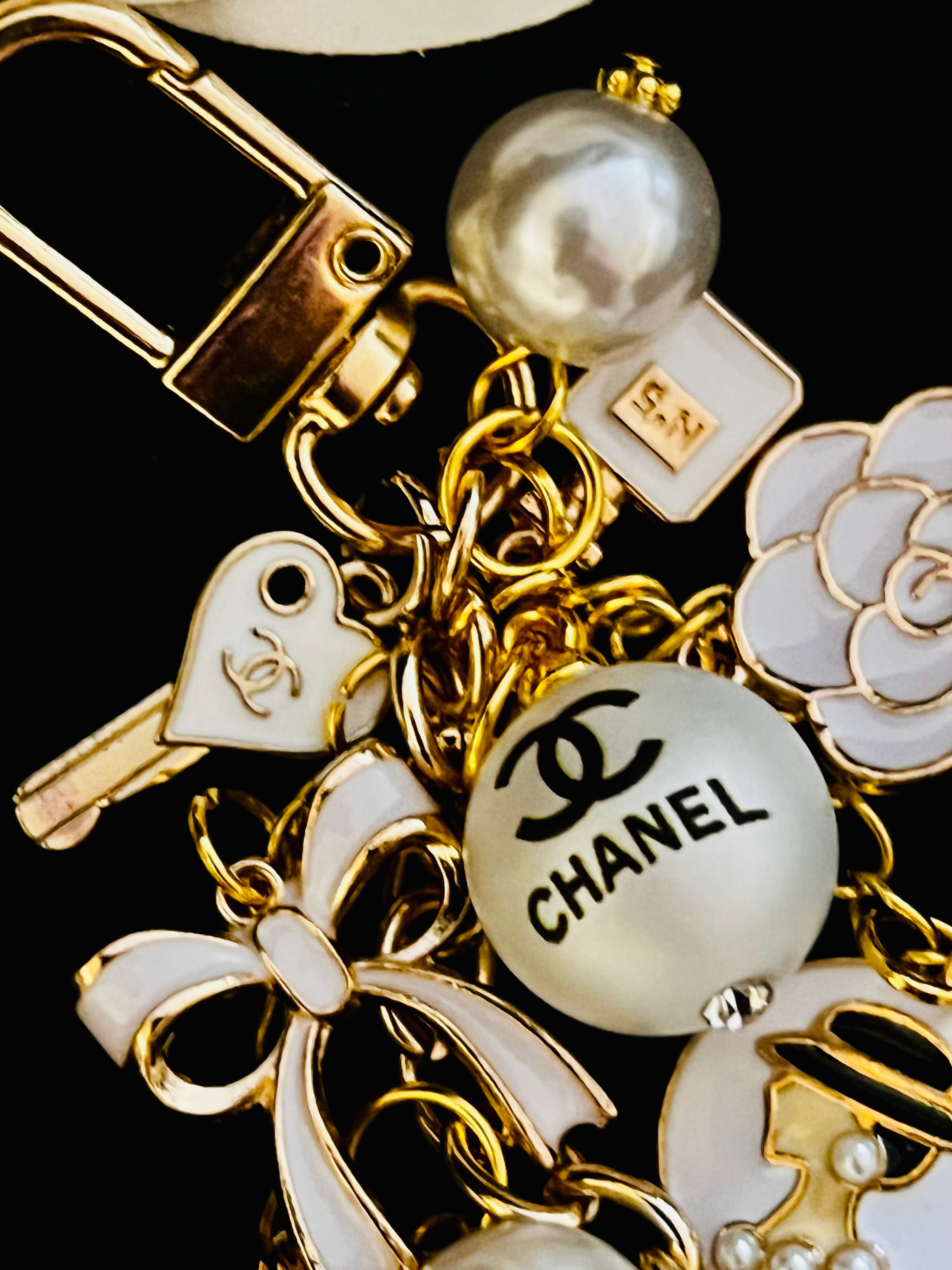 Chanel Inspired Pearl Bag Charm Keychain - White, Camellia, Bow, No 5, Coco logo, Gold Tone