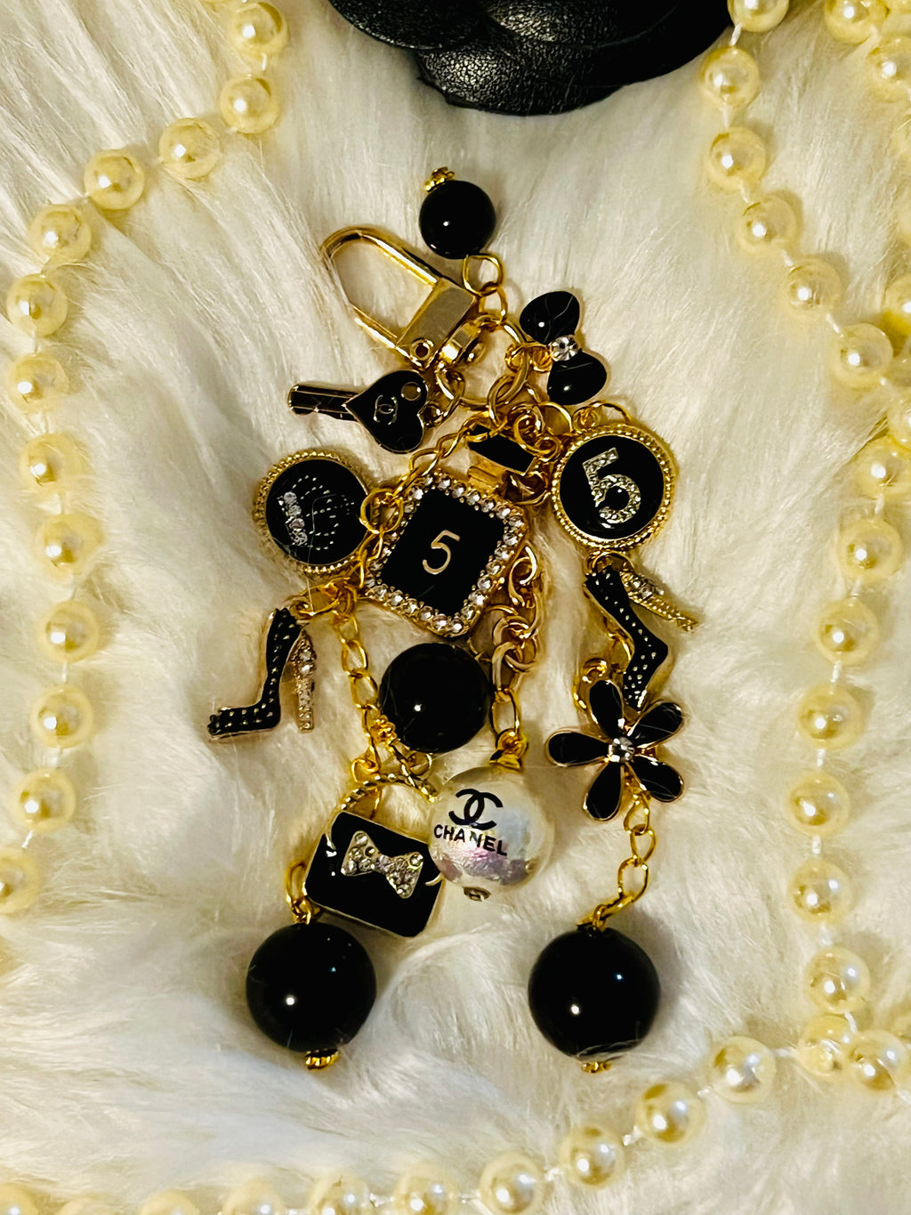 Chanel Inspired all Black Glam Style Bag Charm Keychain- Rhinestone No 5, Stilettos, bow, bag, flower