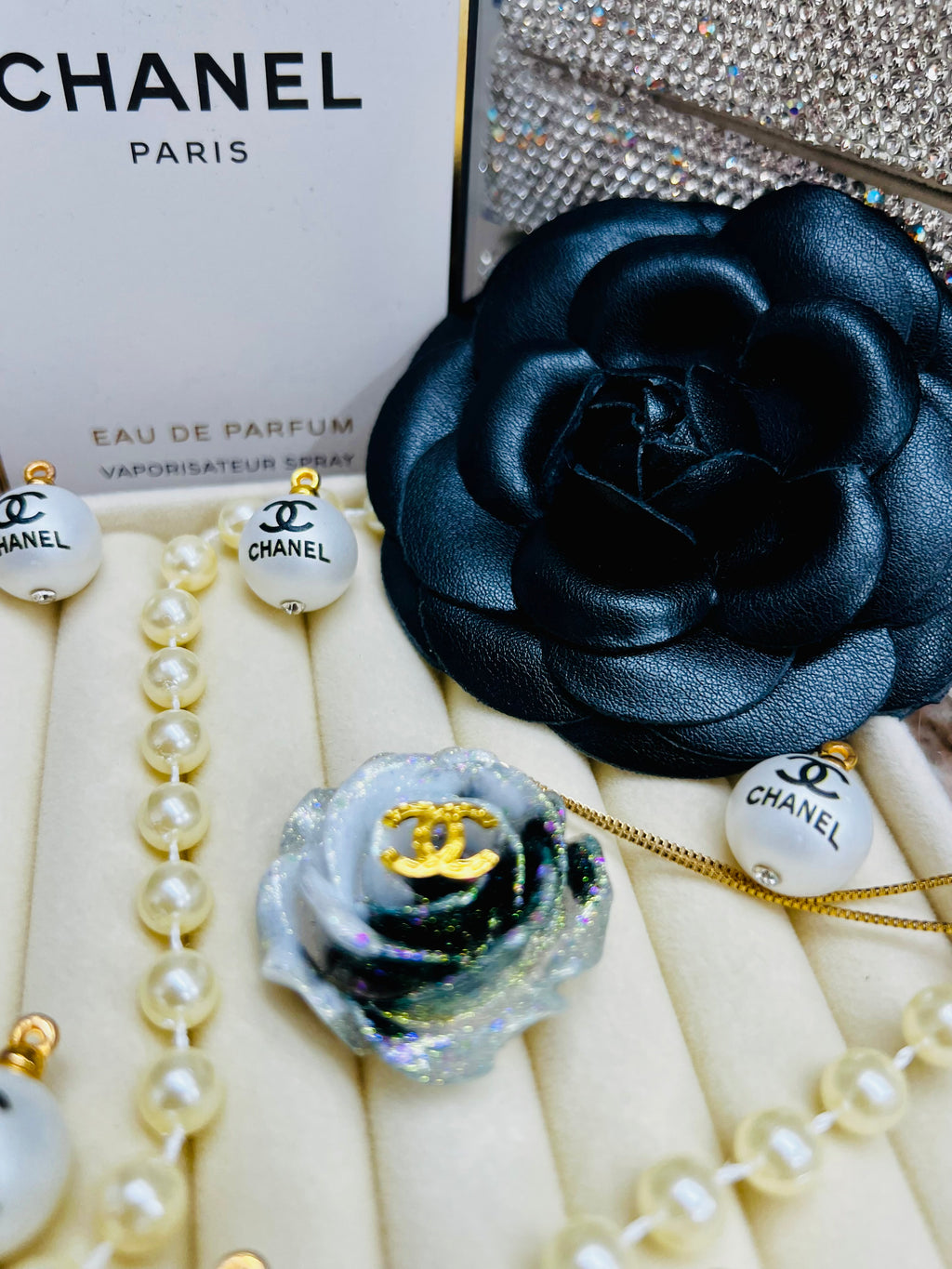 CHANEL Black & Blue with Gold LetteringFlower Pendant Necklace