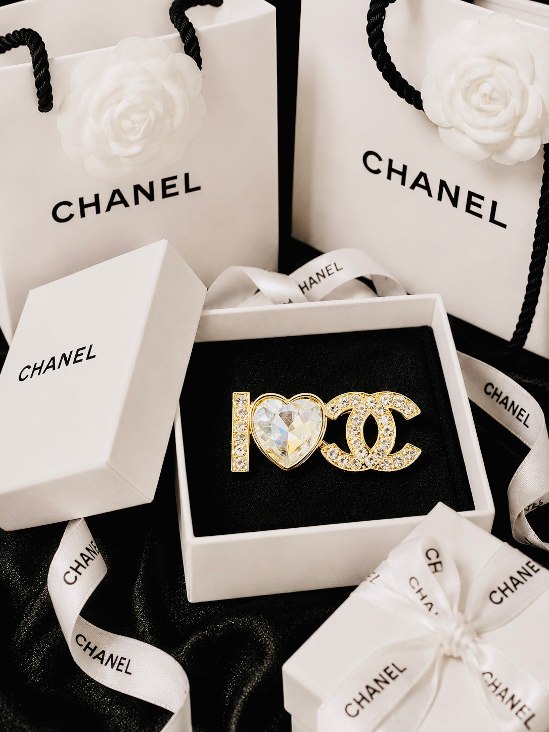 I Love CHANEL Gold with Crystal & Rhinestone Brooch