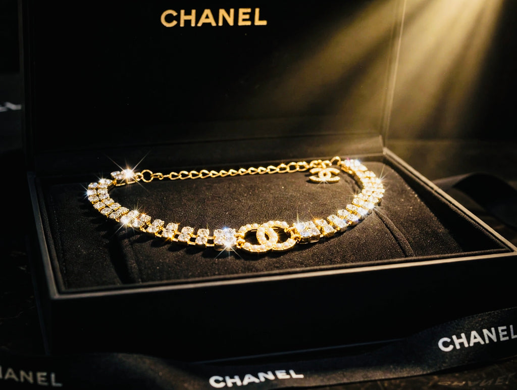 CHANEL Style Gold CC Pearl Crystal Baguette Choker Necklace / 2022 Collection Tennis Choker