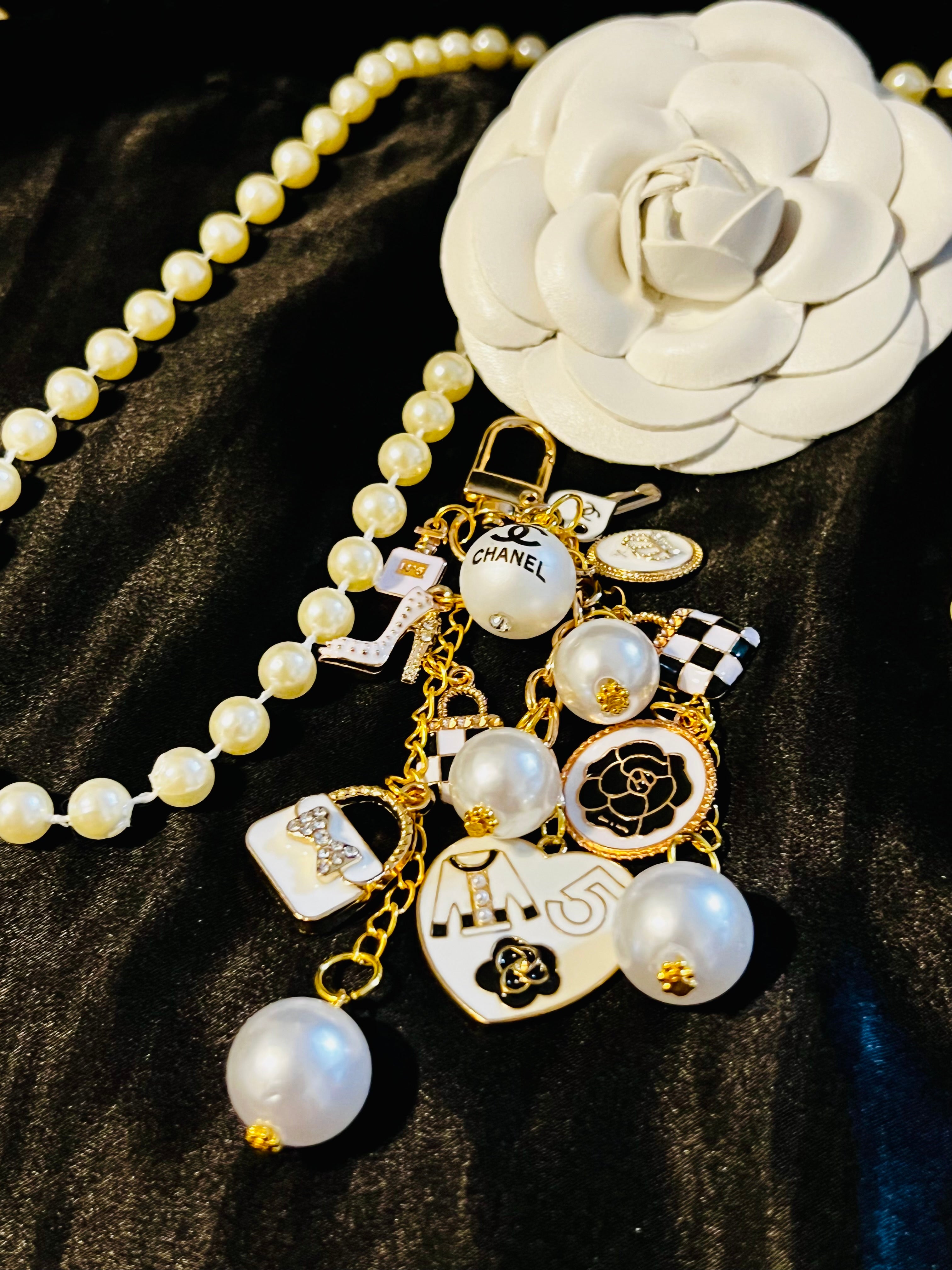 Chanel Inspired Pearl Bag Charm- white Black gold keychain, No 5 Heart, Camellia, High Heel, and Mini Bags