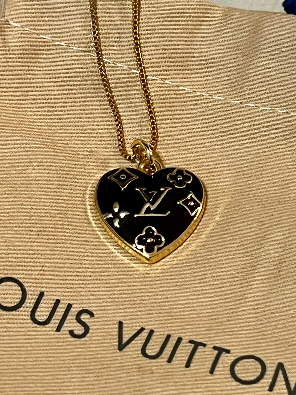 LV Black & Gold Heart Pendant Box Chain Necklace