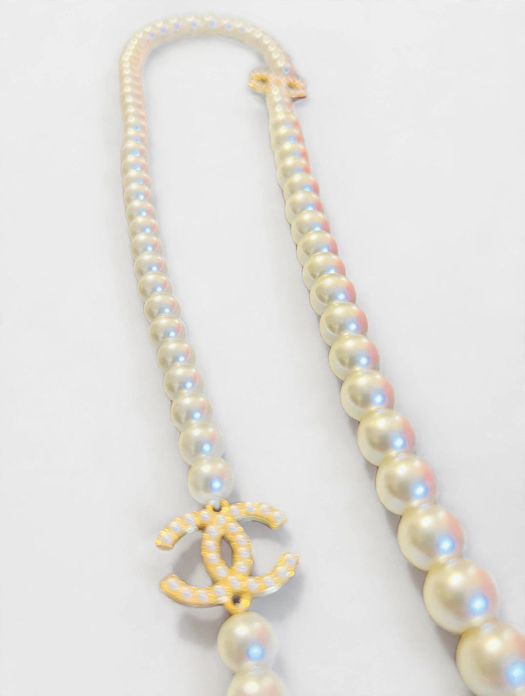 CHANEL Double Strand Pearl Necklace w/ Crystal CC Logos - Graduated Faux Pearls, Gold Tone Extender Chain