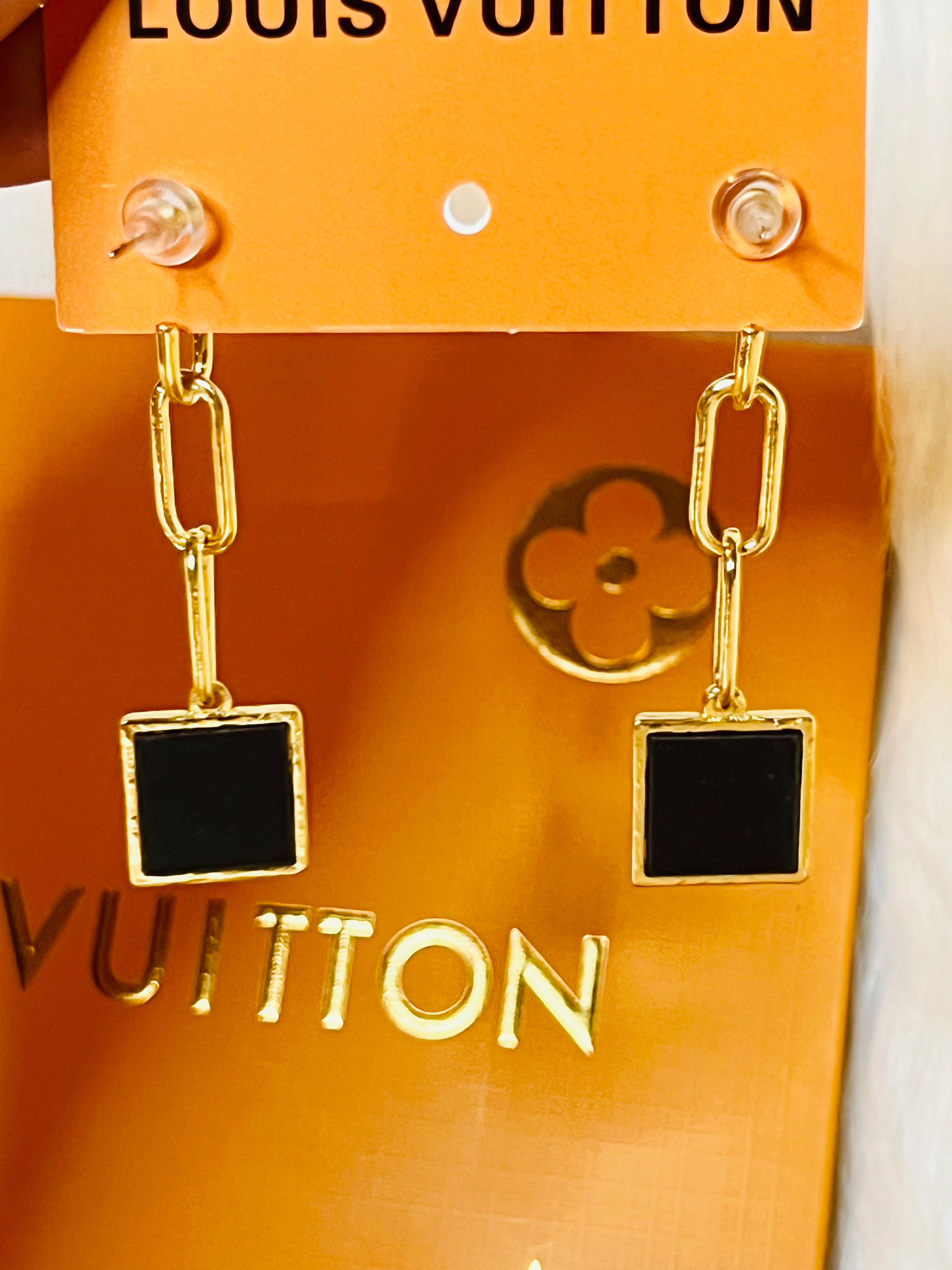LV Logo Gold & Black with Rhinestone Accent Earrings