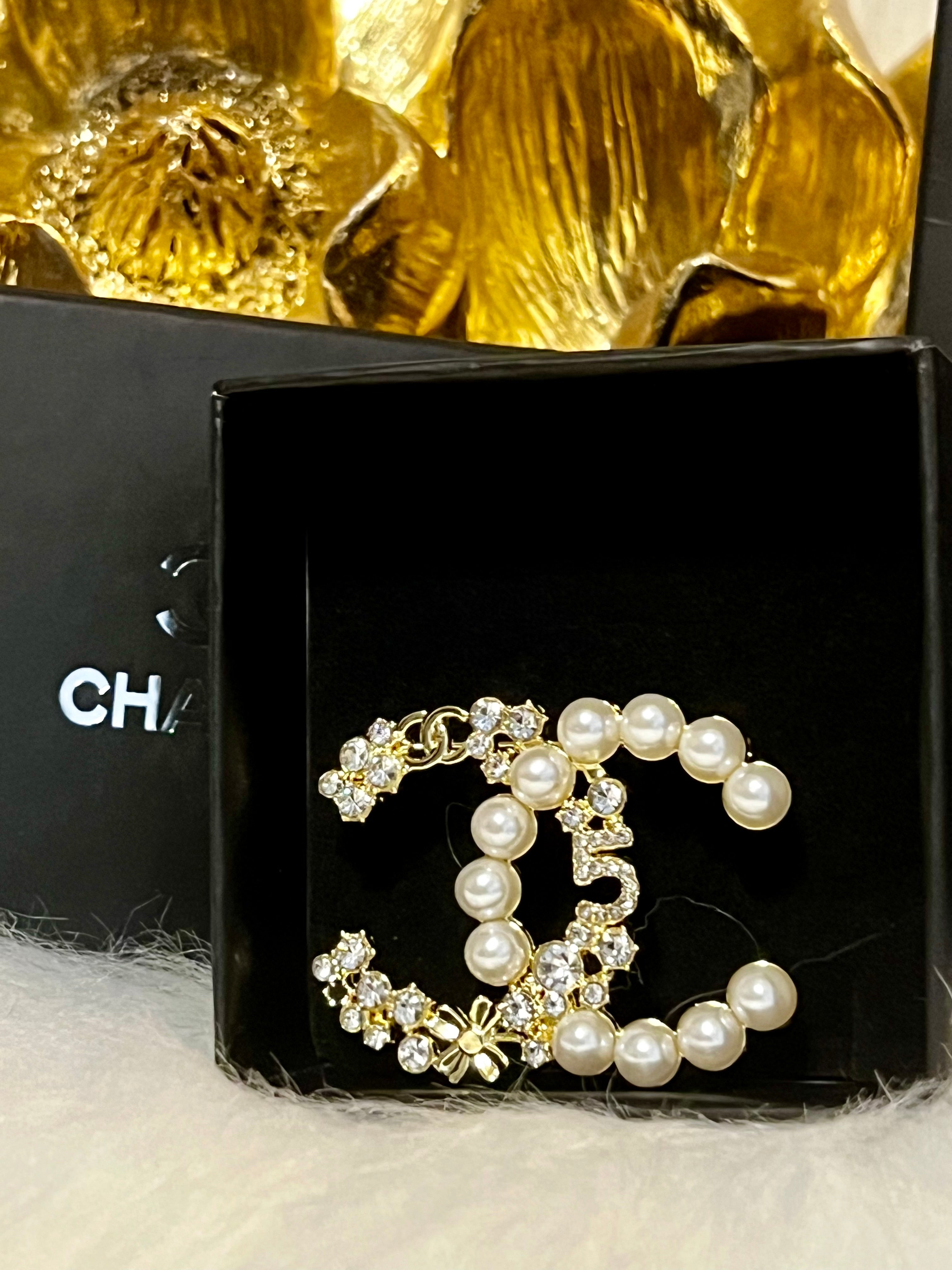 CHANEL Iconic Logo Gold with Pearl & Crystal Accent Brooch R