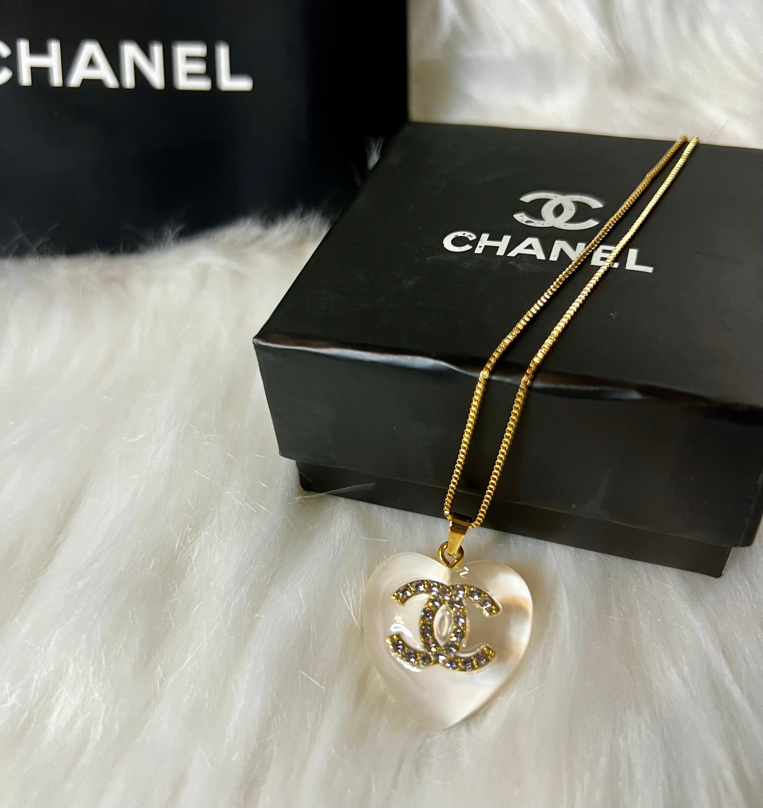 CHANEL White Stone with Gold Lettering Heart Pendant Necklace