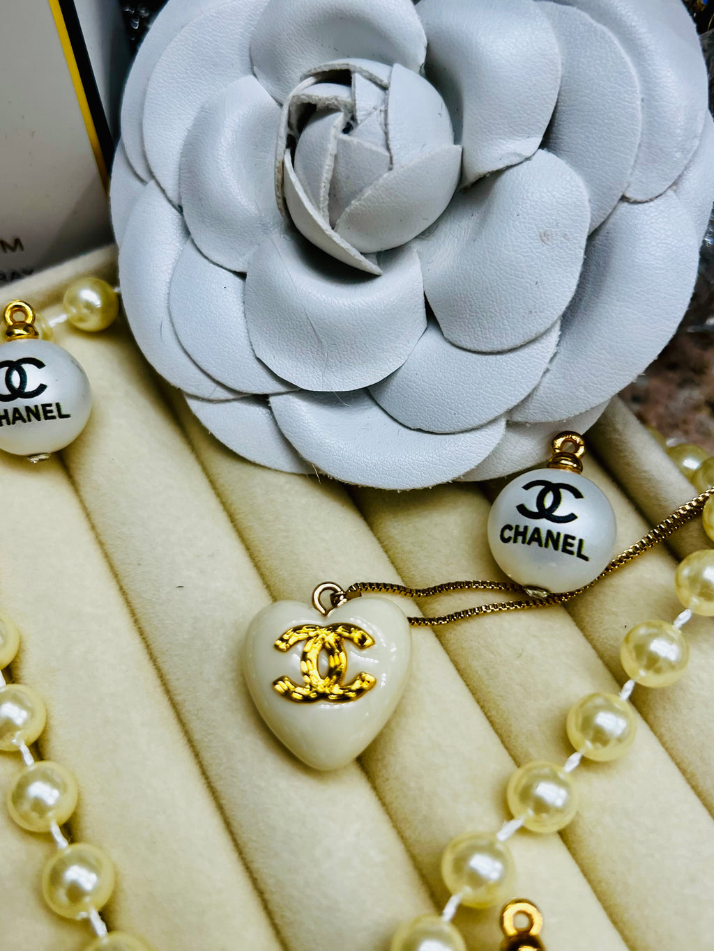 CHANEL White Stone with Gold Lettering Heart Pendant Necklace