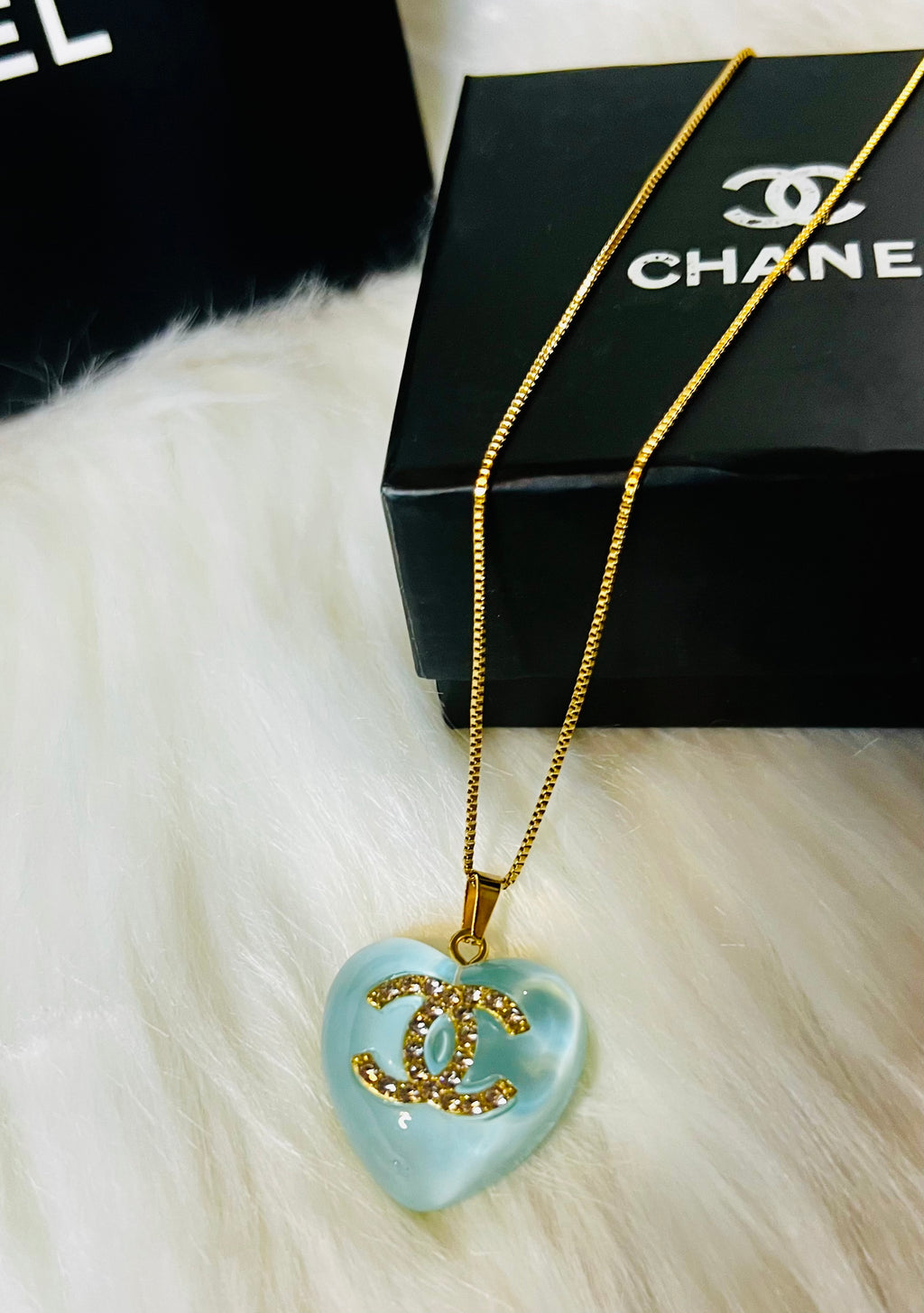 CHANEL Blue Stone with Gold Lettering Heart Pendant Necklace