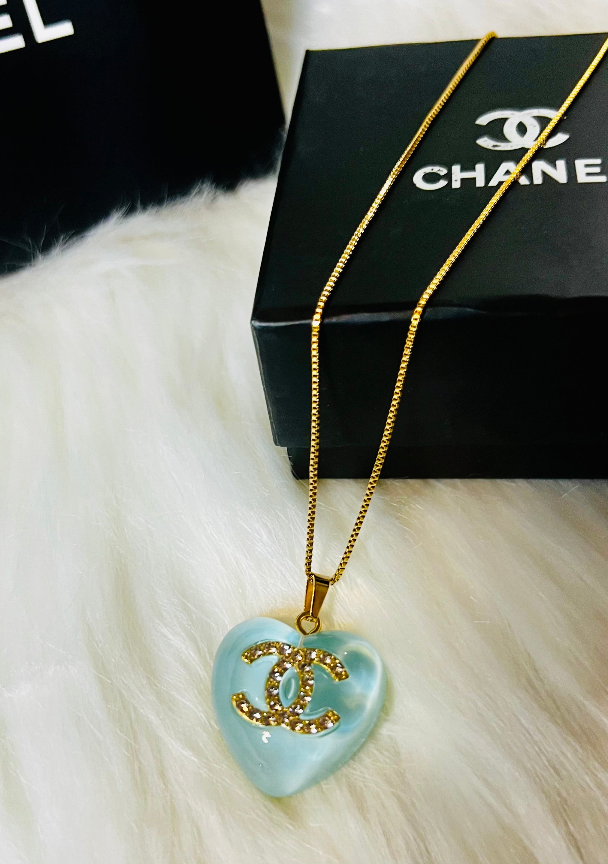 CHANEL Blue Stone with Gold Lettering Heart Pendant Necklace