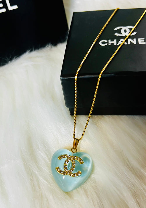 CHANEL Blue Stone with Gold Lettering Heart Pendant Necklace
