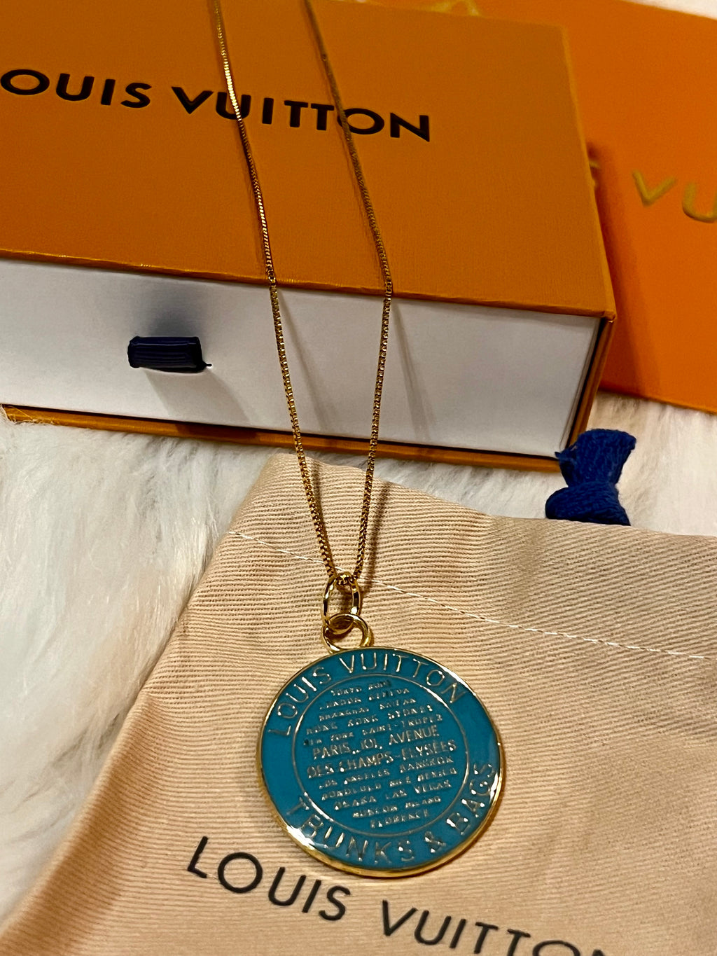 LOUIS VUITTON Trunks & Bags Iconic Teal Pendant Box Chain Necklace