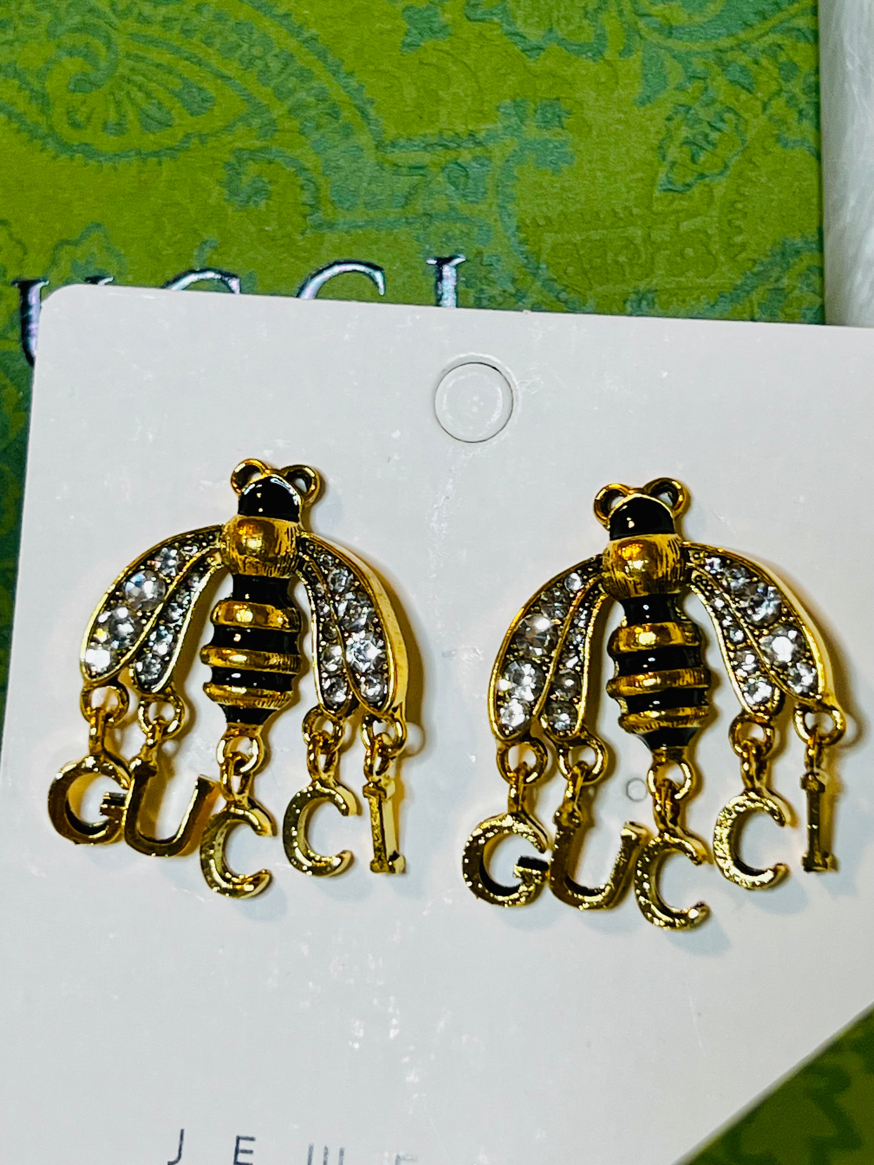 Gucci Unique Gold & Black Bee with Rhinestone Wings Drop Down Logo