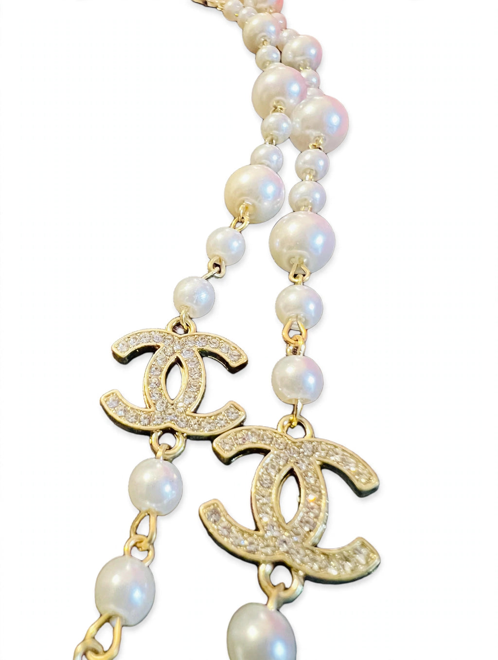 Vintage Chanel Long Pearl Sautoir Necklace - Gold Chain with Graduated Pearls & Crystal CC Charms - 36"