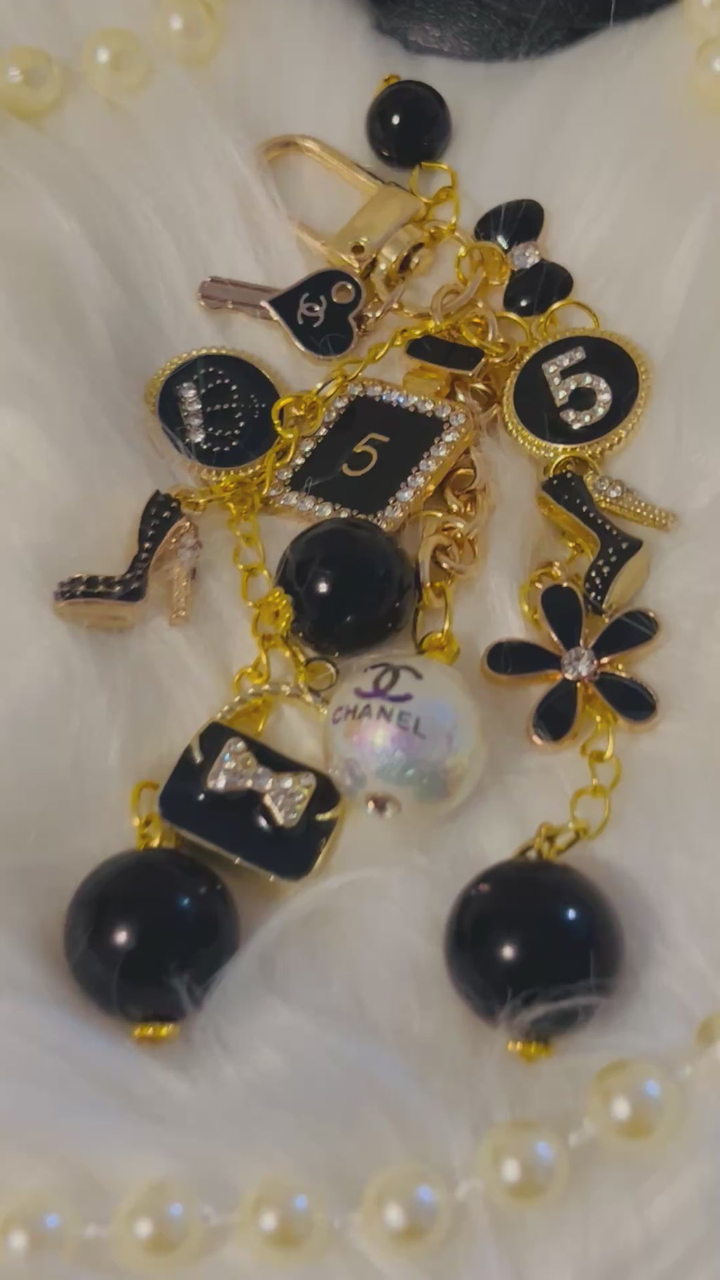 Chanel Inspired all Black Glam Style Bag Charm Keychain- Rhinestone No 5, Stilettos, bow, bag, flower