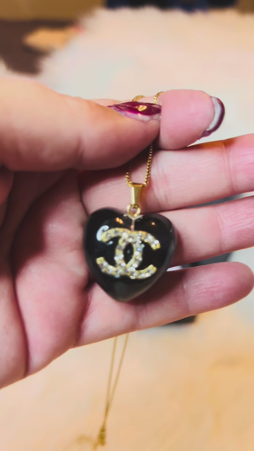 CHANEL Black Stone with Gold Lettering Heart Pendant Necklace