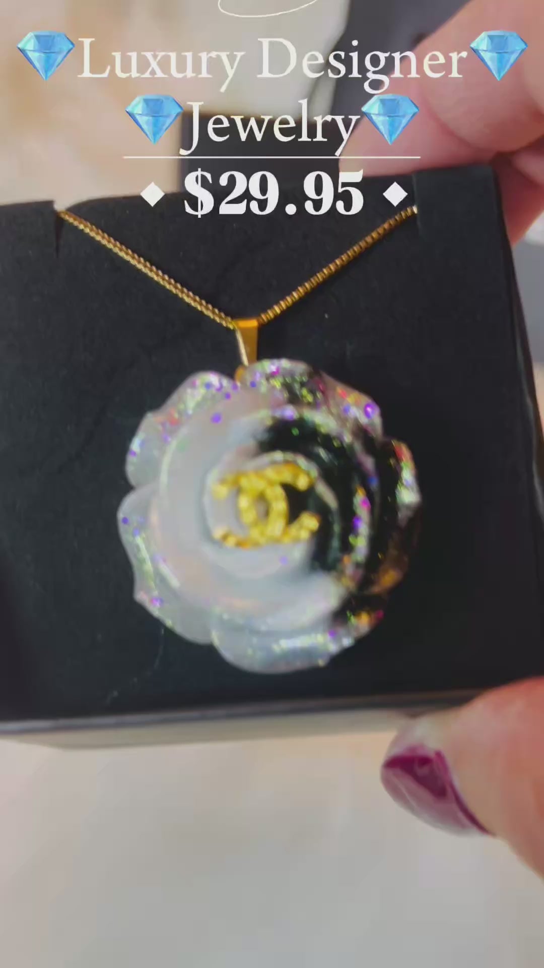 CHANEL Black & Blue with Gold LetteringFlower Pendant Necklace
